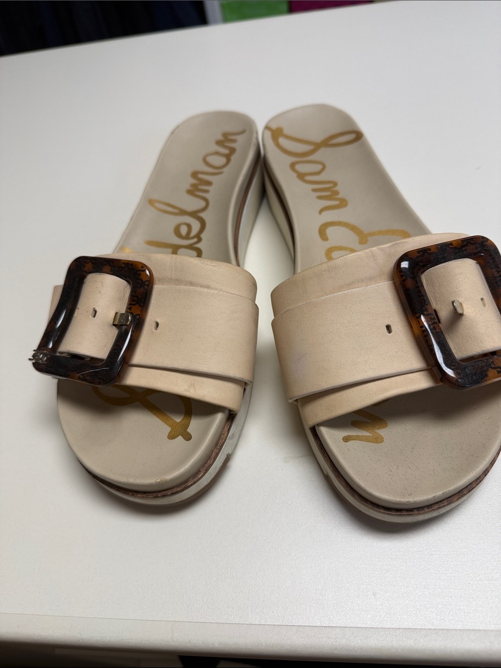 Sam Edelman Nude Slide Sandals with Tortoise Buckle